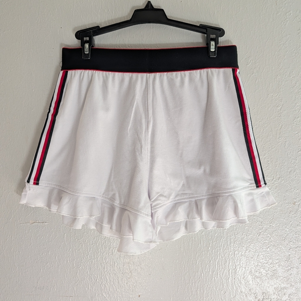 Zaful White Ruffle Hem Shorts with Black Waistband and Pink Side Stripes